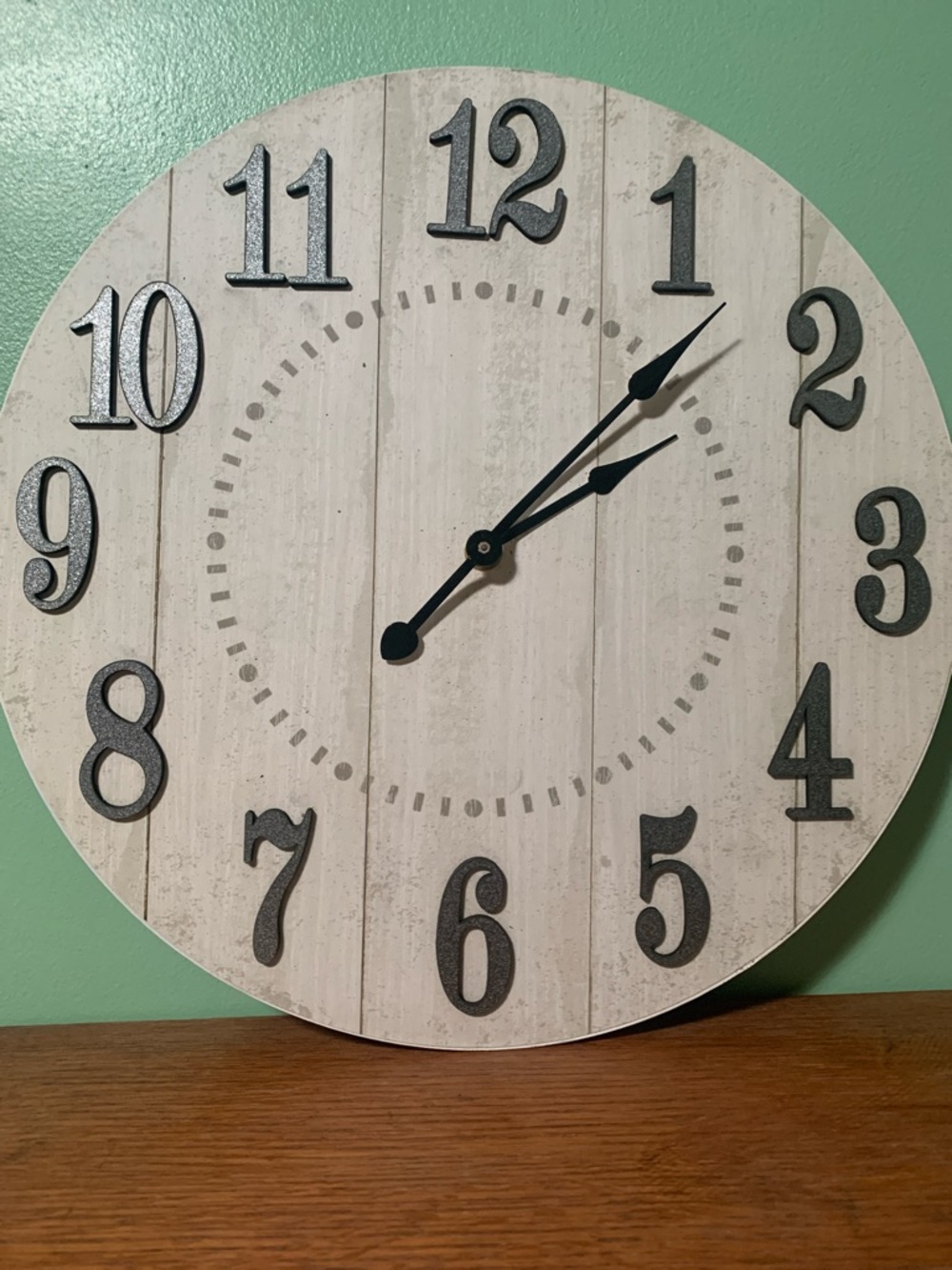 Rustic White Plank Wall Clock with Black Numbers and Hands